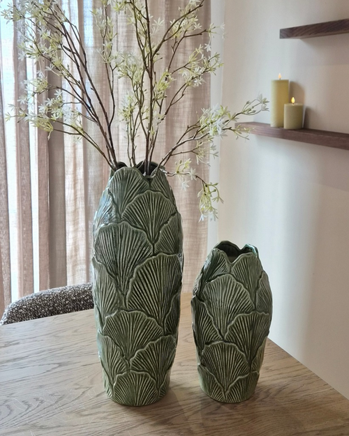 Aardewerk vaas Sculpture groen S - Een kunstwerk van bladeren